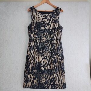 Frank Lyman Dress Womens 14 Sheath Sleeveless Animal Print Black Tan Zipper Back